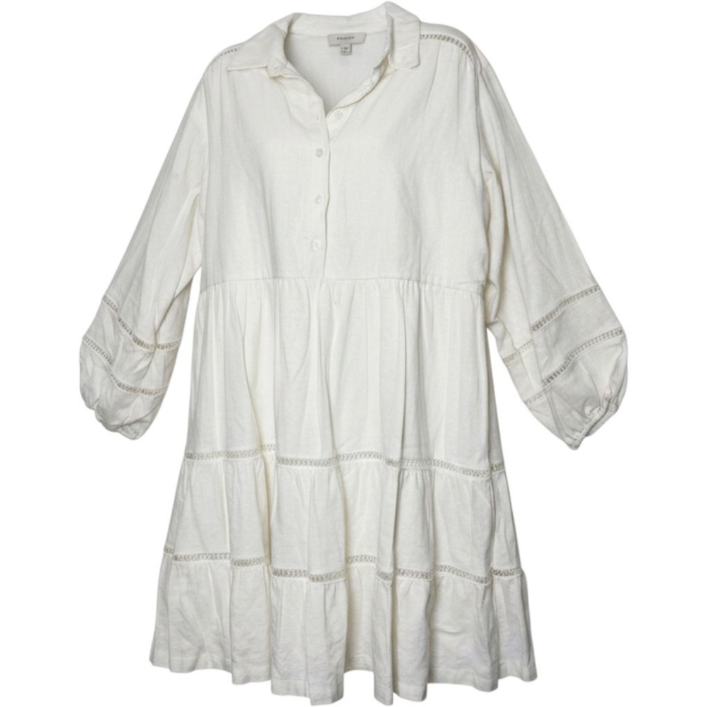 TAYLOR Off White Linen Blend Tiered Babydoll Mini Dress Ladder Lace Cream Sz 14 - Picture 2 of 15